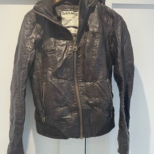 Leather bomber style jacket with hood